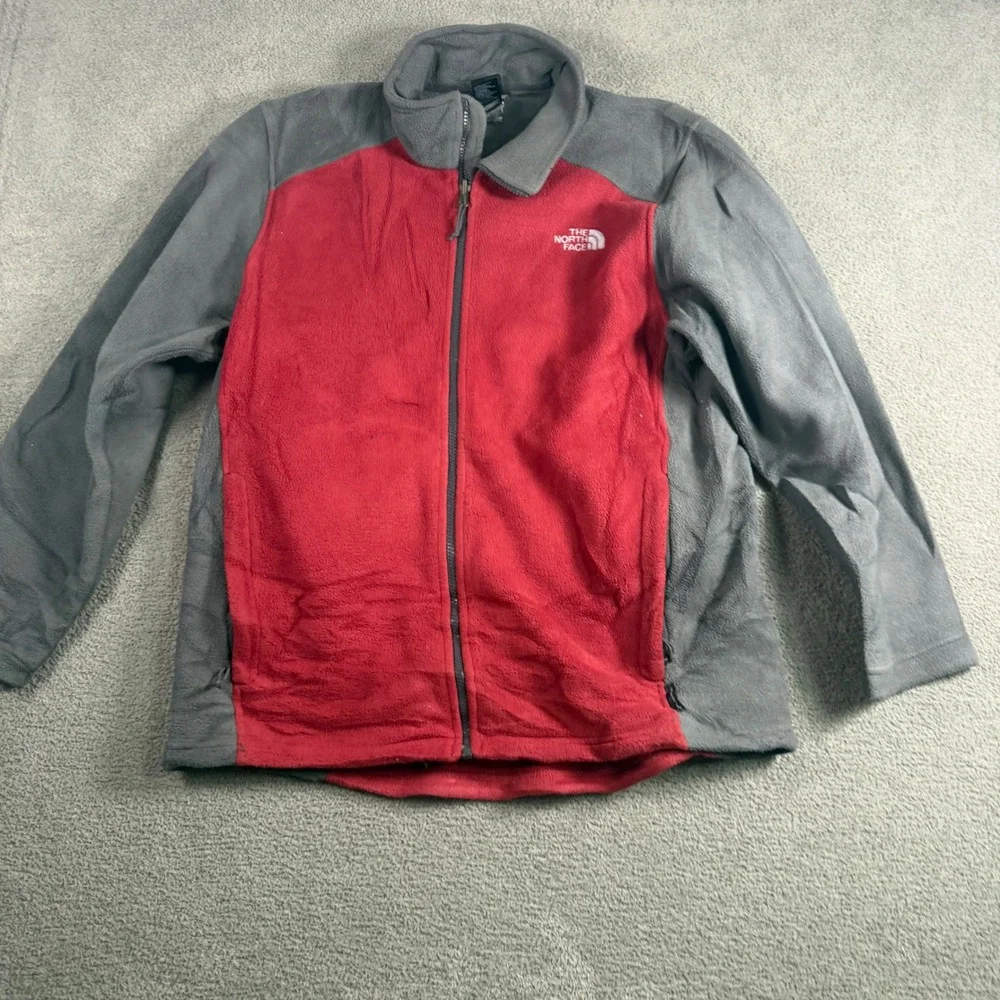 The North Face Mens Full Zip Fleece Jacket Red Grey Large Colorblock Logo